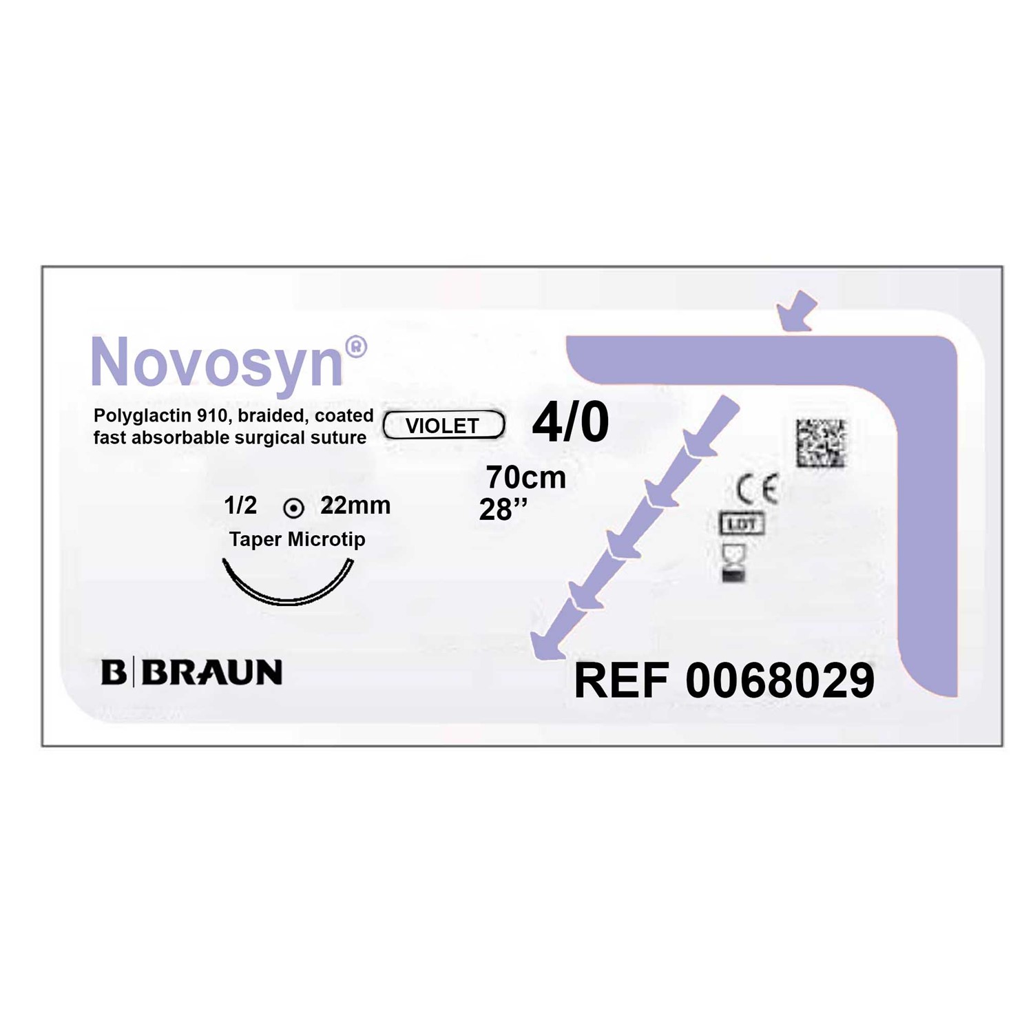 Ράμμα απορροφήσιμο Novosyn Violet B.Braun No 4/0 με στρογγυλή βελόνα 22mm, 1/2c, μήκος ράμματος 70cm