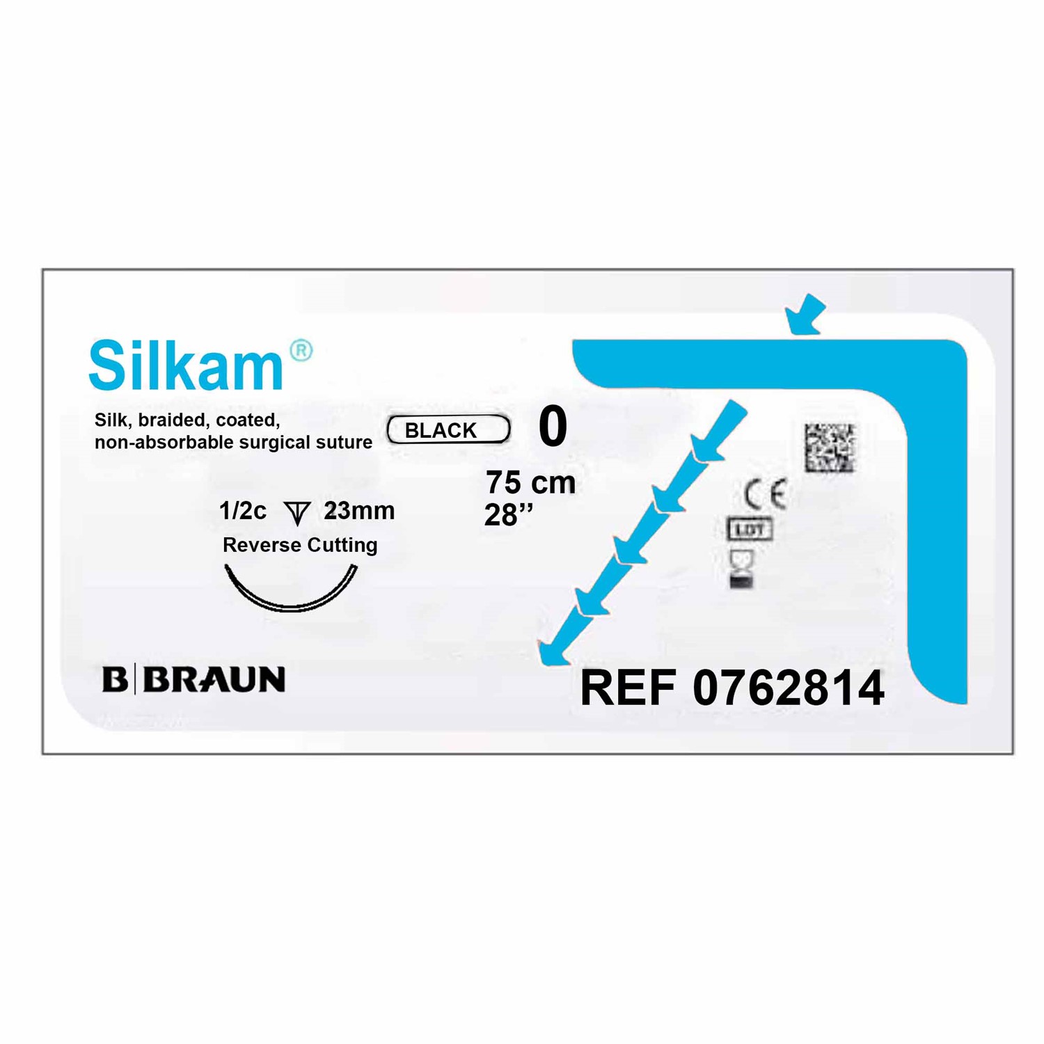 Ράμμα μετάξι Silkam Black B.Braun No 0, με αντιστρόφως κόπτουσα (τρίγωνη) βελόνα 48mm, 3/8c, μήκος ράμματος 75cm