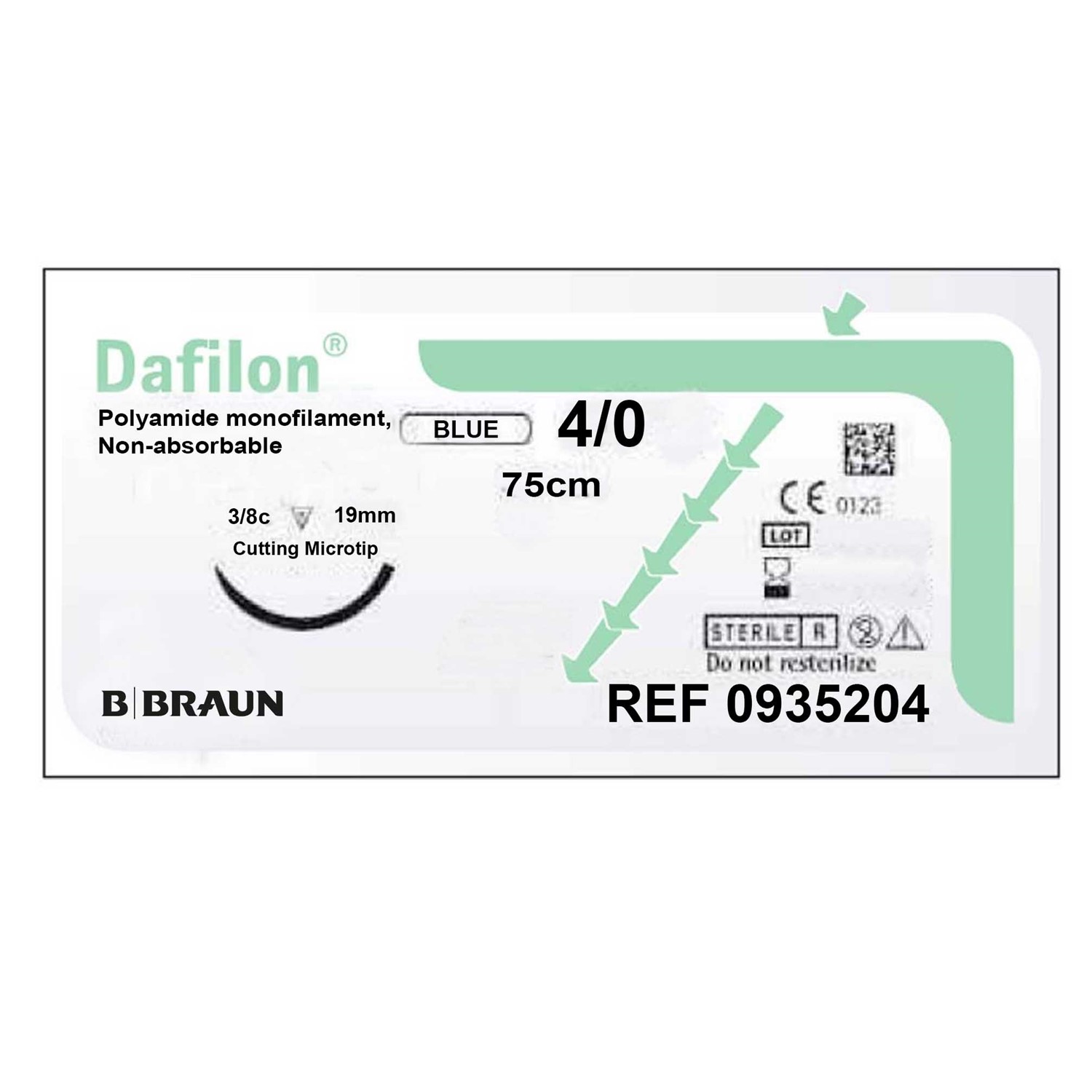 Ράμμα nylon Dafilon B.Braun No 4/0, με κόπτουσα βελόνα 19mm, 3/8c, μήκος ράμματος 75cm