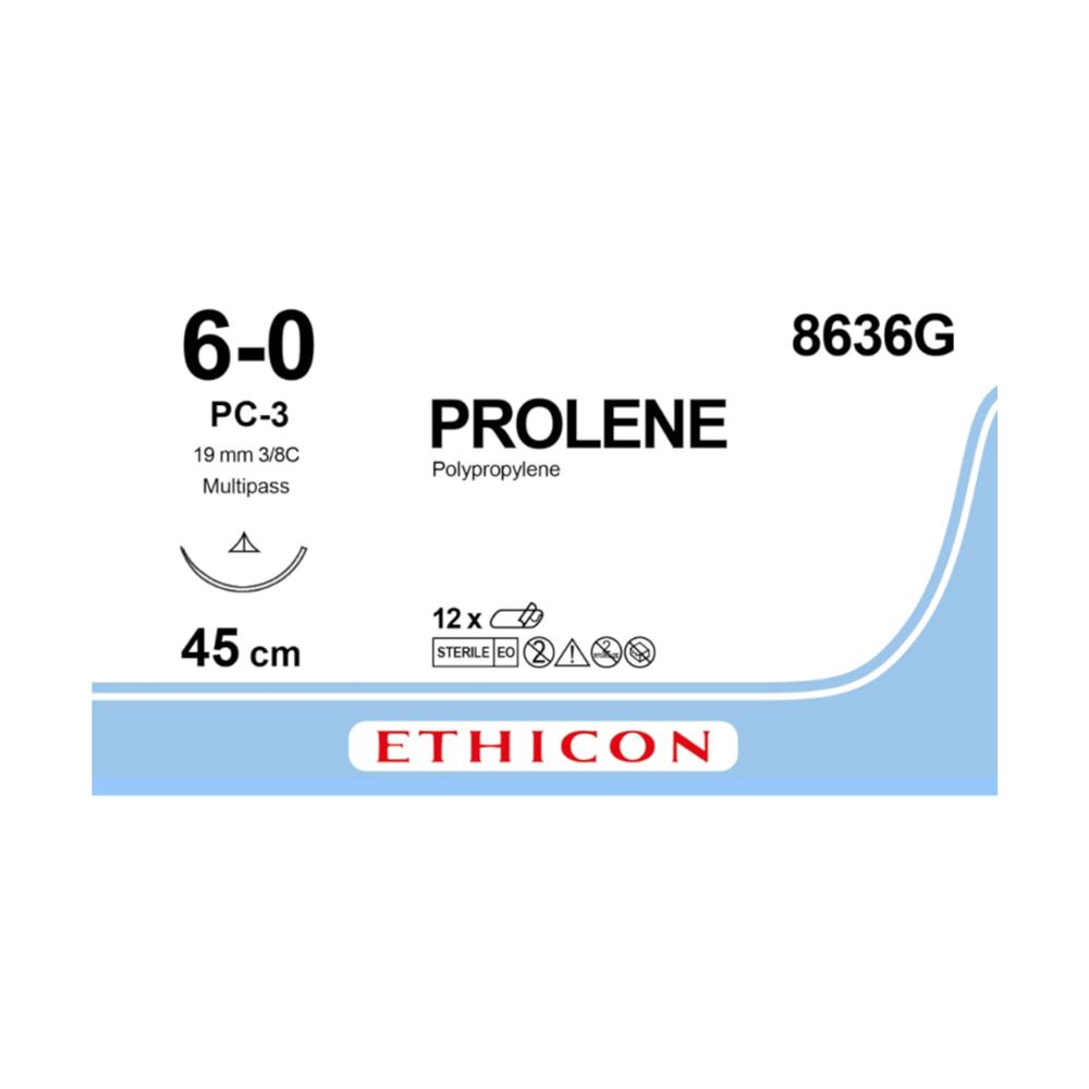Ράμμα Prolene No 6/0 με κόπτουσα πλαστικής βελόνα 16mm, 3/8 κύκλου PC-3 Prime (multipass), μήκος ράμματος 45cm