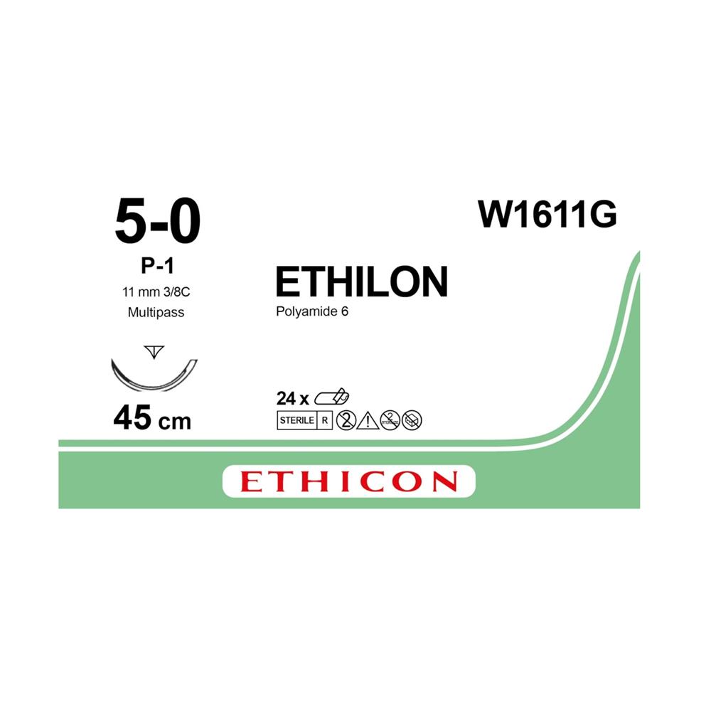 Ράμμα Ethilon No 5/0 με βελόνα 11mm Κόπτουσα Πλαστικής P-1 Multipass, 3/8c, μήκος ράμματος 45cm, χρώμα μαύρο