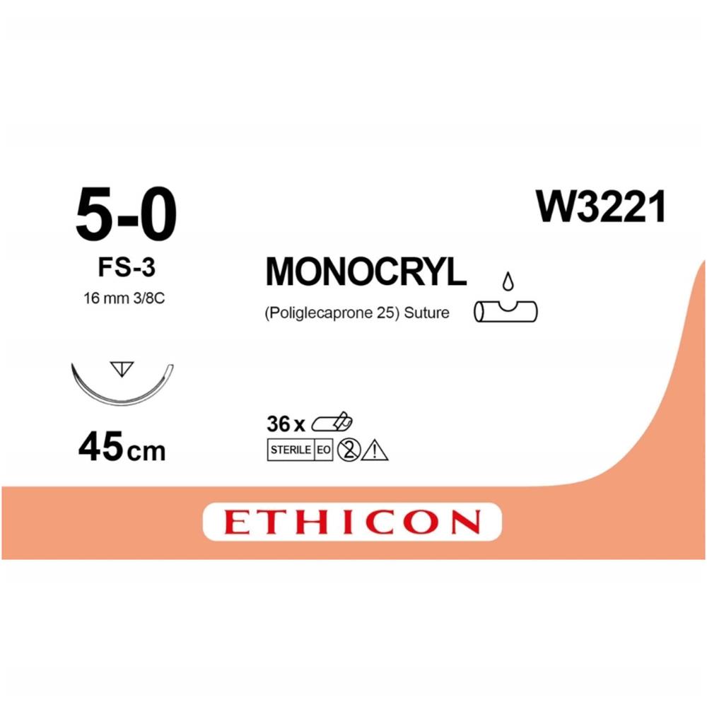 Ράμμα Monocryl No 5/0 με βελόνα 16mm Αντ. Κόπτουσα Πλαστικής P 3/8c  μήκος ράμματος 45cm